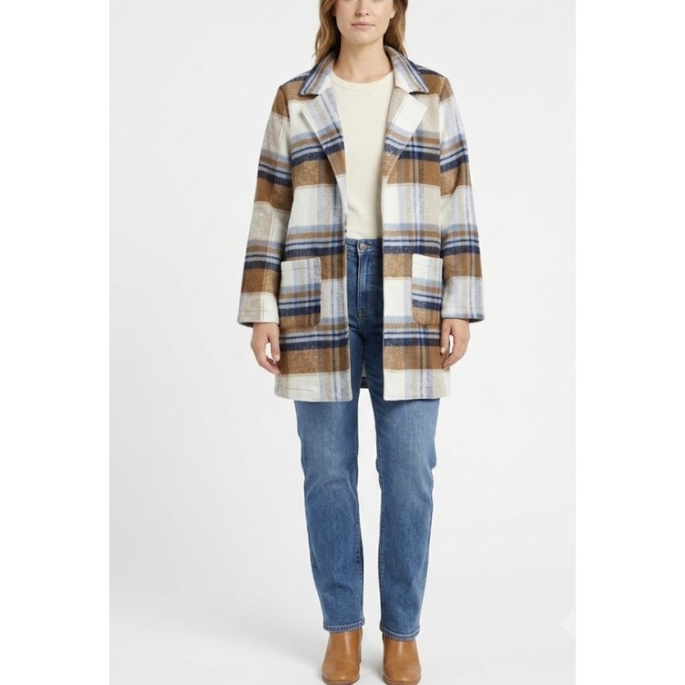 Ashley By 26 International Plaid Jacket Medium Brown Blue Wool Blend Coat